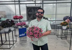Bart Hayes of Westhoff with the new Calibrachoa Caliloco Frankenberry. They were presenting their varieties at the Green Fuse Grove location in Somis. 